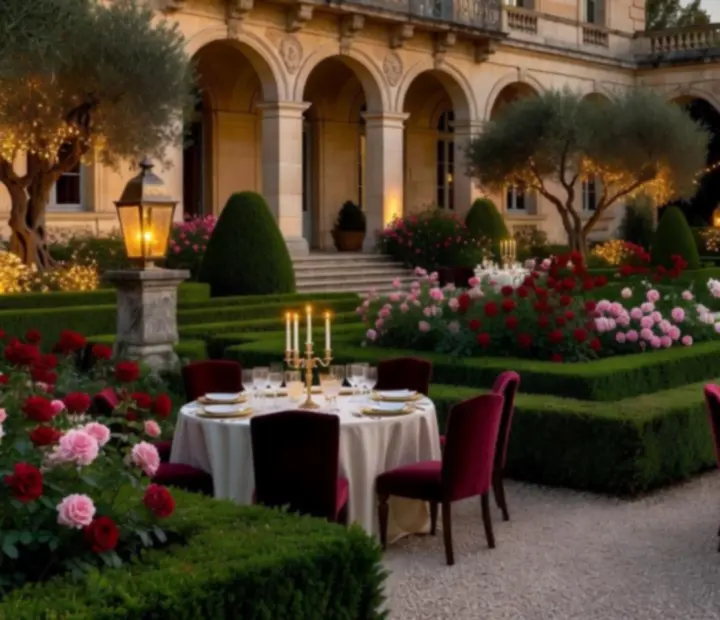 Jardin de château illuminé au crépuscule, préparé pour une réception chic