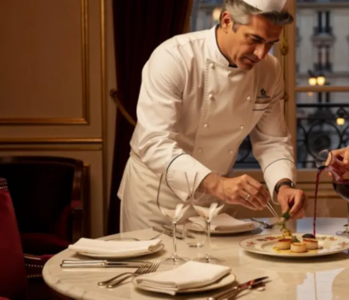 Chefs et sommeliers partenaires préparant un accord mets et vins