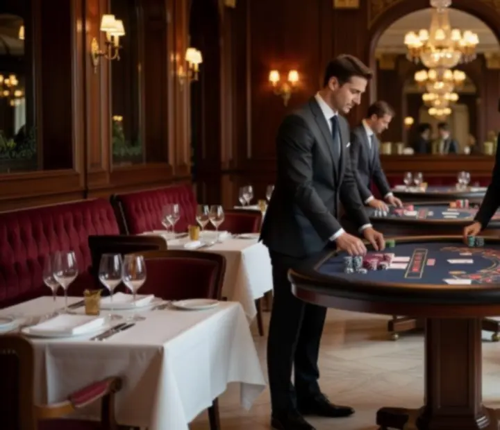 Équipe événementielle installant une salle pour un dîner de gala avec tables de jeu factices