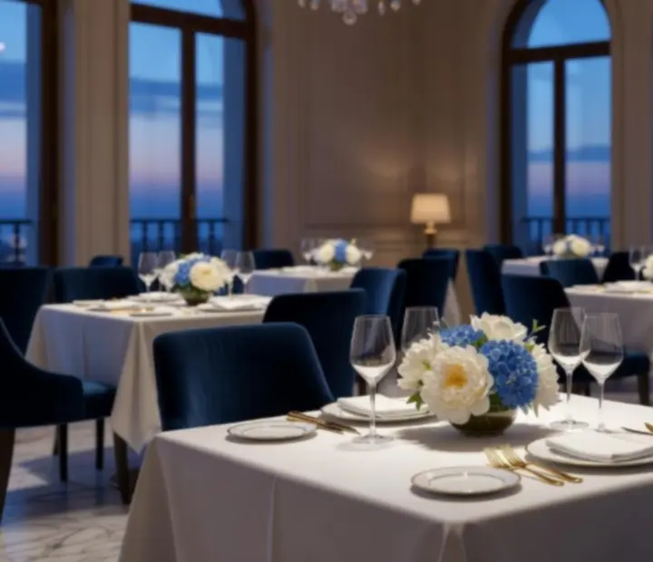 Salle de restaurant gastronomique en France prête à accueillir une soirée privée.