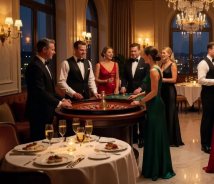 Table gastronomique française avec jetons et cartes pour une soirée casino en restaurant.