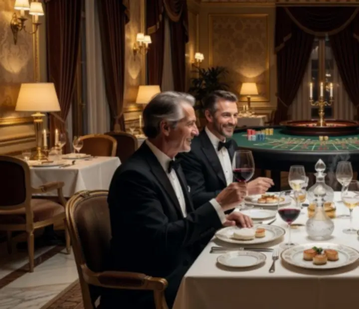Table gastronomique dressée avec jetons de jeu factices dans un restaurant haut de gamme