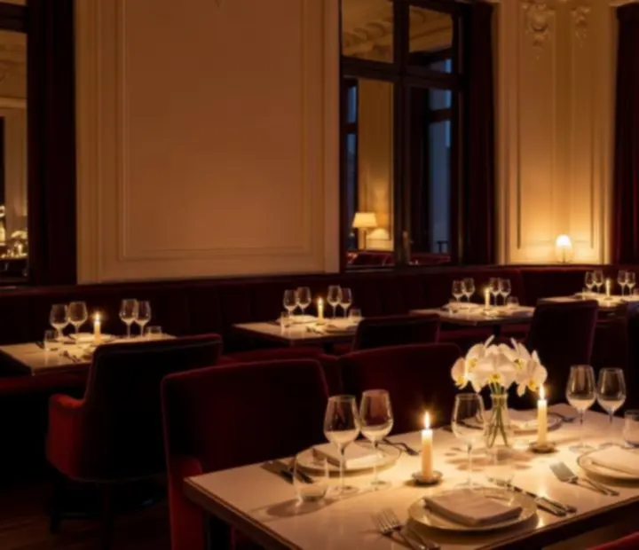 Salle de restaurant gastronomique à Paris, dressée pour une soirée privée élégante