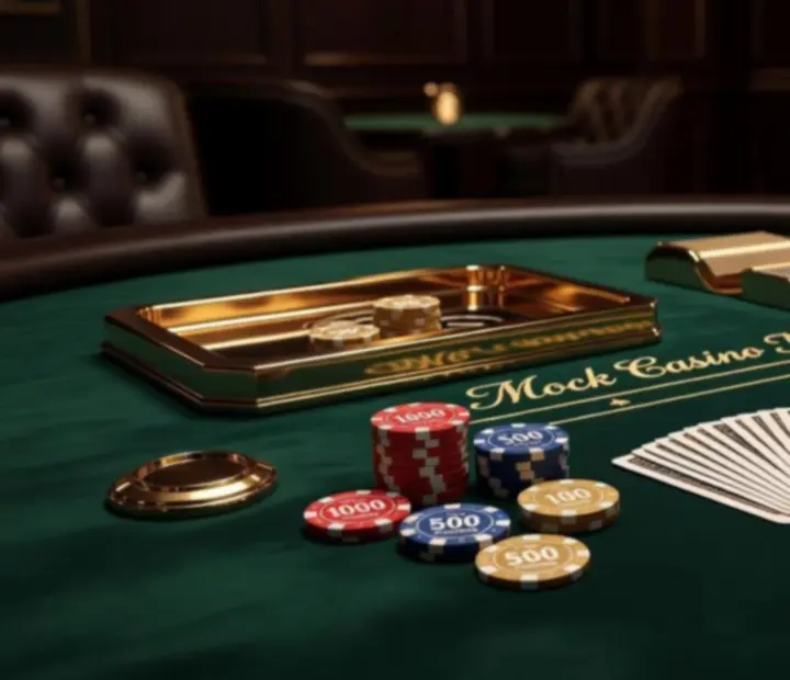 Installation élégante de tables de jeu factices avec jetons et roulette dans un salon privé