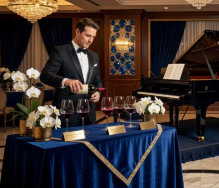 Détail d'options événementielles de luxe avec verres, lumière chaude et décor raffiné