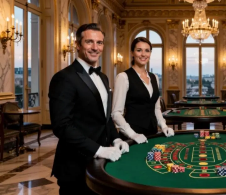Équipe de croupiers élégamment habillés devant une table de jeu