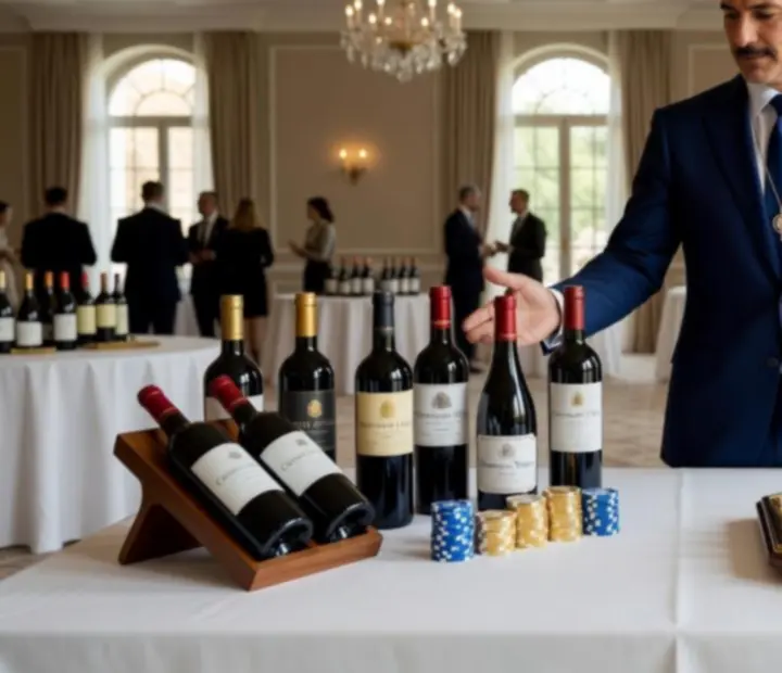 Sommelier servant un verre de vin devant une table de jeu élégante