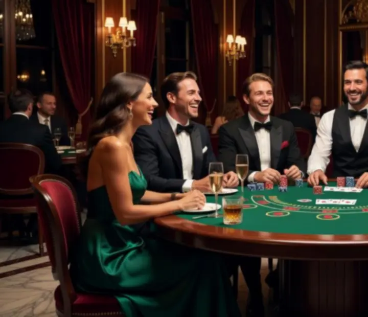 Invités élégants riant autour d'une table de jeu dans un restaurant éclairé aux chandelles