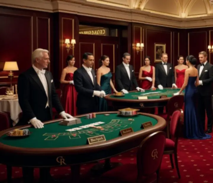 Scénographie de soirée prestige avec lumières chaleureuses, tables dressées et tables de jeux ludiques