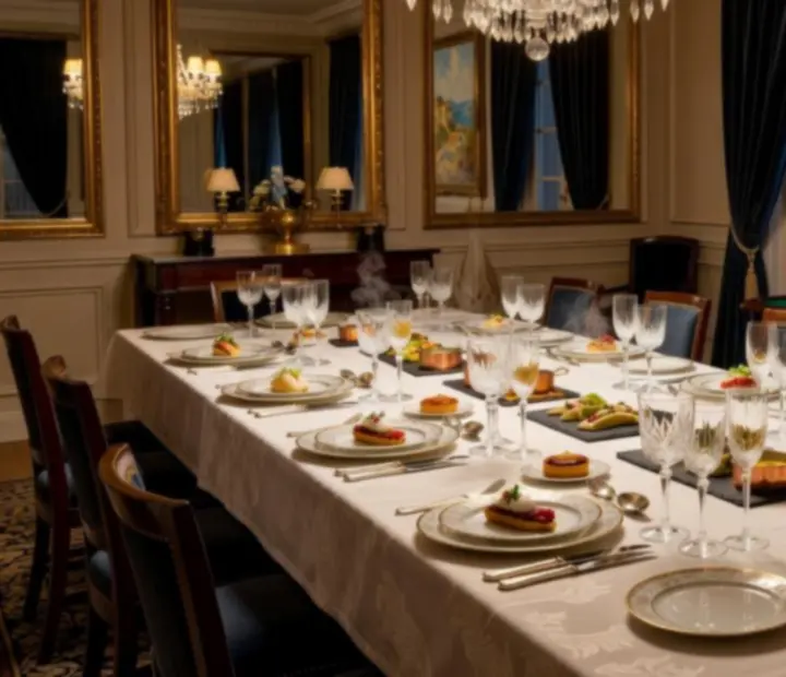 Salon privé gastronomique avec grande table, lumière douce et décoration élégante