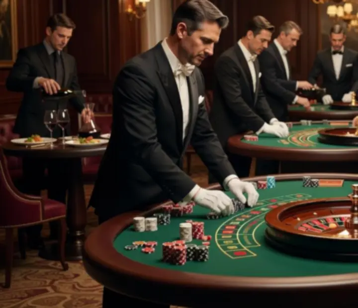 Croupiers et équipe de salle préparant une soirée de gala dans un restaurant gastronomique.